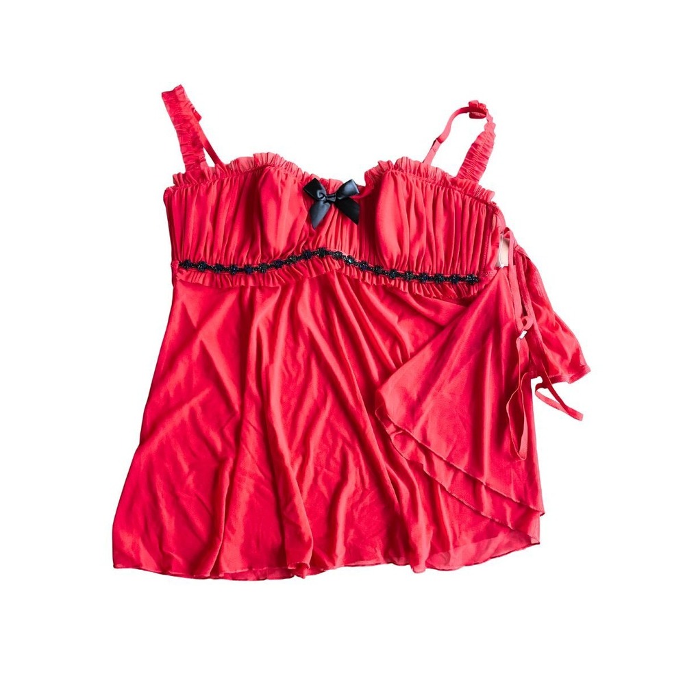 NEW‎ Frederick's of Hollywood Red Babydoll Lingerie Set Mesh Thong Bow XL